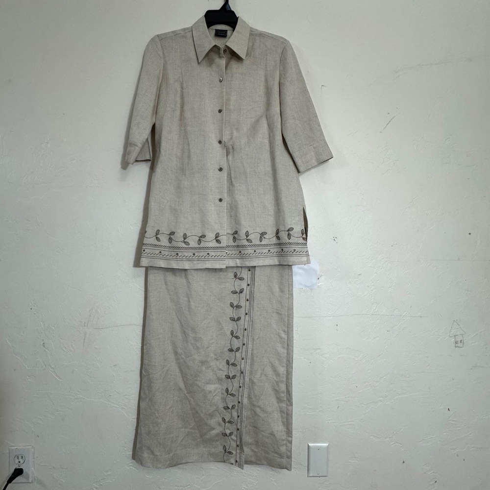 Laura Scott Linen Blend Button Down Shirt Midi Skirt Set Beige Embroidered Sz 12